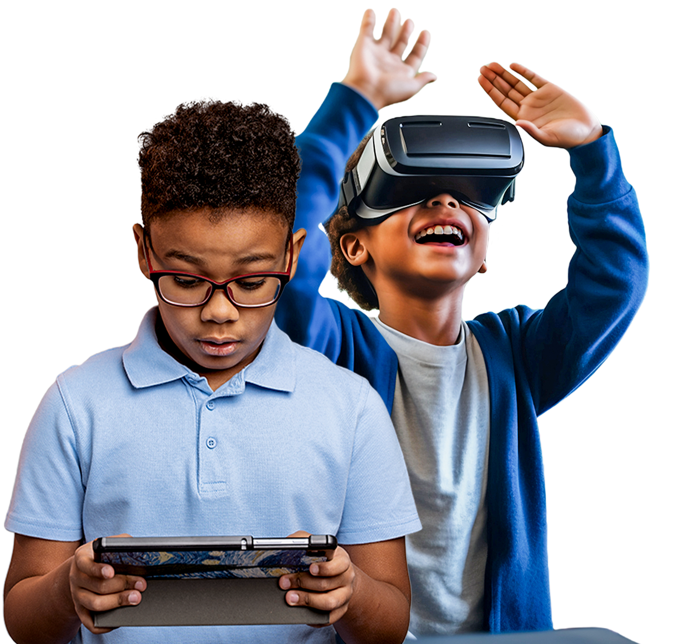 Two kids exploring technology — one with a tablet, one wearing a VR headset